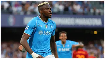 Napoli's Victor Osimhen celebrates after scoring against Roma in the Serie at the Diego Armando Maradona Stadium, Naples, on April 28. Photo: Cesare Purini.