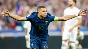 Kylian Mbappé celebrates during the UEFA EURO 2024 qualifying round group B match between France and Greece. Photo by Antonio Borga.