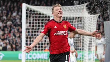 Rasmus Hojlund celebrates after scoring during the UEFA Champions League match between F.C. Copenhagen and Manchester United at Parken Stadium. Photo by James Gill.