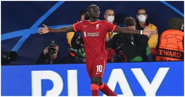 Sadio Mane celebrates after scoring the third goal during Liverpool's Champions League Semi-Final Leg Two match against Villarreal. Photo by John Powell.