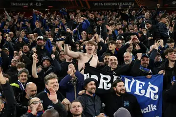 Atalanta fans celebrate after their astonishing first-leg win at Anfield