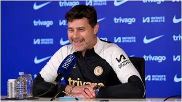 Mauricio Pochettin addresses a press conference at Chelsea Training Ground. Photo by Darren Walsh.