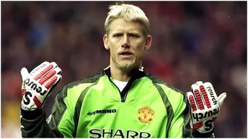 Peter Schmeichel in action during the FA Cup fourth-round clash against Liverpool at Old Trafford in Manchester. Ross Kinnaird.