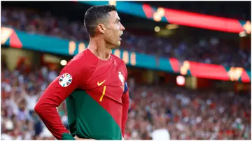 Cristiano Ronaldo looks dejected during the UEFA EURO 2024 qualifying round group J match between Portugal and Bosnia. Photo by Joao Rico.