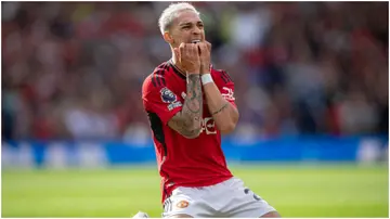 Antony bites his fingers in frustration after missing a goal-scoring opportunity during the Premier League match between Manchester United and Nottingham Forest at Old Trafford. Photo by Joe Prior.