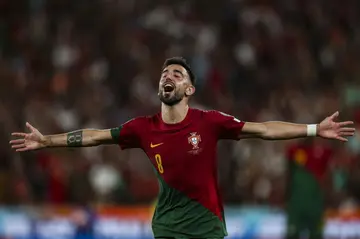 Bruno Fernandes celebrates after scoring his second goal, and Portugal's third, in their Euro 2024 qualifying win over Bosnia and Herzegovina on Saturday