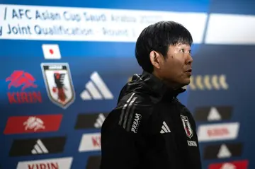 Japan's coach Hajime Moriyasu attends a press conference before their World Cup qualifier