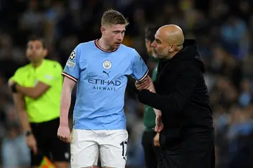 Kevin De Bruyne (left) and Pep Guardiola (right) have dominated English football together but are still waiting to win the Champions League at Manchester City