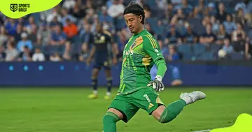 Vancouver Whitecaps FC's Yohei Takaoka kicks the ball.