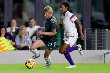 Germany's Paulina Krumbiegel controls the ball against Naomi Girma of the United States in Germany's 2-1 friendly football victory in Fort Lauderdale, Florida