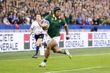 Kurt-Lee Arendse runs with the ball during the Rugby World Cup France 2023