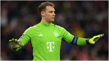 Manuel Neuer reacts during the UEFA Champions League quarter-final second-leg match between FC Bayern München and Arsenal FC at Allianz Arena. Photo by Justin Setterfield.