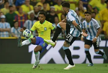 Brazilian forward Rodrygo vies for the ball during a World Cup qualifier against Argentina