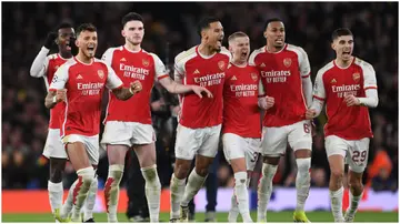 Arsenal stars celebrate during the UEFA Champions League 2023/24 round of 16 second leg match against FC Porto at Emirates Stadium. Photo by David Price.
