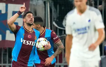 Tasos Bakasetas grabs the ball after his late goal  for Trabzonspor in Copenhagen
