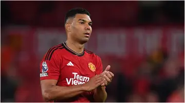 Manchester United's Casemiro applauds the fans after the Premier League match against Wolverhampton Wanderers at Old Trafford on August 14, 2023, in Manchester.