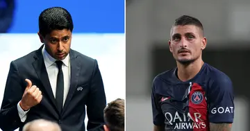 Paris Saint-Germain president, Nasser Al-Khelaifi and potential PSG departee, Marco Verratti.