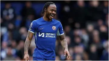 Raheem Sterling reacts during the Premier League match between Chelsea FC and Wolverhampton Wanderers at Stamford Bridge. Photo by Chris Lee.