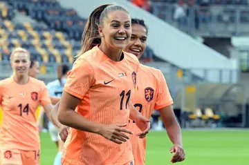 Lieke Martens celebrates after scoring for the Netherlands against Belgium earlier this month