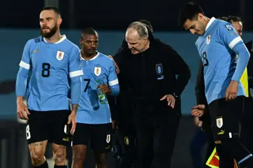 Uruguay's midfielder Nicolas De La Cruz (2-L) listens to his coach Argentine Marcelo Bielsa after scoring his team's third goal during the 2026 World Cup South American qualifier between Uruguay and Chile, at the Centenario stadium in Montevideo, on Friday