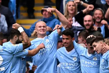 Erling Haaland (centre left) scored as Manchester City beat Nottingham Forest