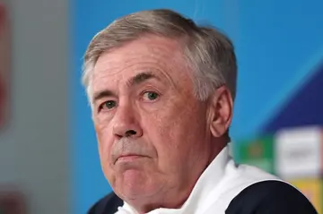 Real Madrid's Italian coach Carlo Ancelotti gives a press conference ahead of the semi-final second leg clash against Bayern Munich