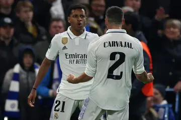 Real Madrid forward Rodrygo (left) celebrates his goal against Chelsea in the second leg of their Champions League quarter-final