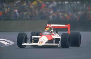 Ayrton Senna of Brazil drives in the rain during the British Grand Prix on 10th July 1988 at the Silverstone Circuit, Silverstone, England