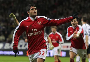 Fran Merida of Arsenal celebrates a goal during the Premier League match against Bolton Wanderers at the Reebok Stadium on January 17, 2010 in Bolton, England. Photo: Alex Livesey