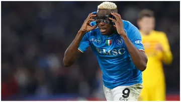 Victor Osimhen celebrates after scoring his team's first goal during the UEFA Champions League 2023/24 round of 16 first leg match between SSC Napoli and FC Barcelona. Photo: Matteo Ciambelli.
