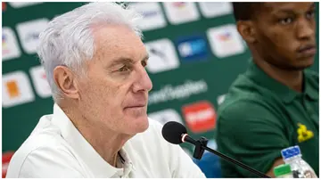 Hugo Broos gives a press conference at the Amadou Gon Coulibaly Stadium in Korhogo on the eve of the match between Tunisia and South Africa. Photo: Fadel Senna.