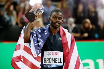 Trayvon Bromell of the United States celebrates following their victory in Men's 100 Metres during the Weltklasse Zurich