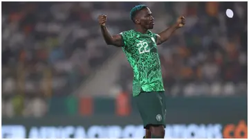 Kenneth Omeruo celebrates during Africa Cup of Nations match between Nigeria and South Africa. Photo: MB Media.