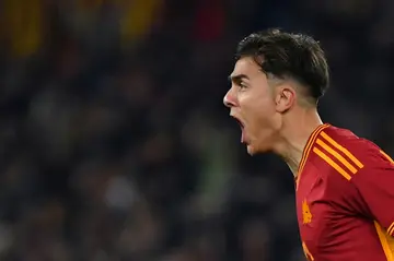 Roma's Argentine forward Paulo Dybala celebrates a hat-trick at the Stadio Olimpico in Rome