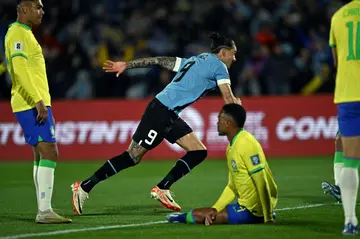 Uruguay forward Darwin Nunez celebrates after opening the scoring against Brazil in their 2026 FIFA World Cup South American qualification clash on Tuesday