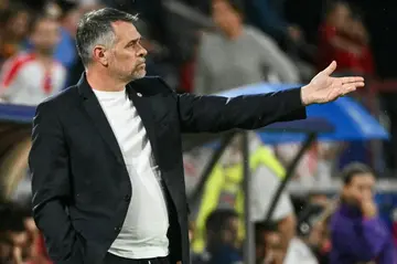 Georgia coach Willy Sagnol on the touchline during his side's 4-1 loss to Spain that knocked them out of Euro 2024 on Sunday