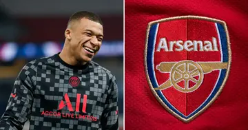 Kylian Mbappe smiling next to an Arsenal logo.