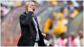 Cavin Johnson shouts instructions to his players during the Premier Soccer League football match between Kaizer Chiefs and Orlando Pirates on November 11, 2023. Photo: Phill Magakoe.