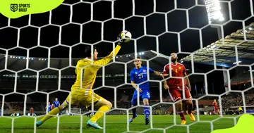 Thibaut Courtois saves a shot during a UEFA Euro 2016 match between Belgium and Iceland.