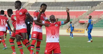 Harambee Stars players celebrate a goal during a past match. Photo: Twitter.