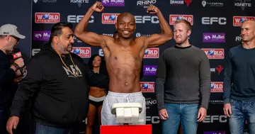Nkazimulo Zulu weighs in ahead of his title fight at EFC 105.
