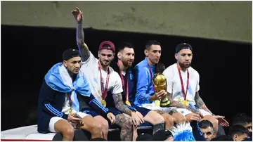 Leandro Paredes, Rodrigo De Paul, Lionel Messi, Angel Di Maria, Nicolas Otamendi, Buenos Aires, Argentina.