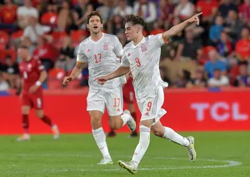 Gavi celebrates after scoring against the Czech Republic to become his country's youngest goalscorer
