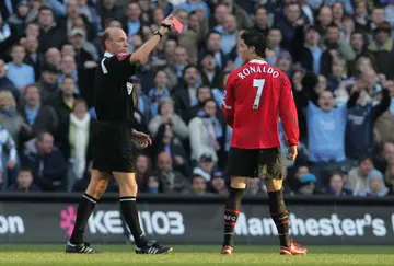 Cristiano Ronaldo being sent off by referee Steve Bennett