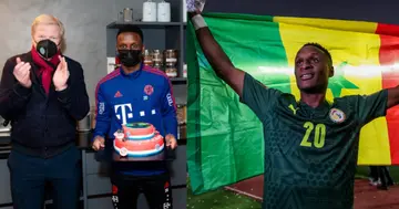 Bouna Sarr receiving his cake from Bayern after returning from AFCON. Credit: @Fsfofficielle @FCBayernEN
