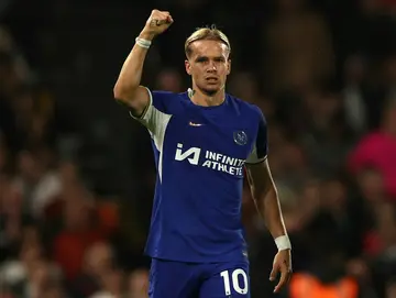 Chelsea's Mykhailo Mudryk celebrates his goal against Fulham