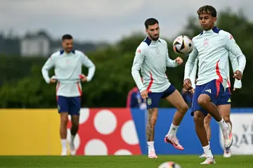 Lamine Yamal (R) with his Spain teammates at training in southern Germany on Saturday, before their departure for Berlin