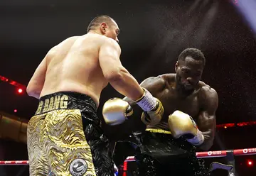 Deontay Wilder was knocked down by Zhilei Zhang during their Heavyweight fight at Kingdom Arena on June 1, 2024 in Riyadh, Saudi Arabia.