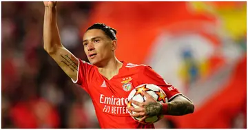 Darwin Nunez celebrates after scoring a goal during the Quarter Final Leg One - UEFA Champions League match between SL Benfica and Liverpool. Photo by Gualter Fatia.