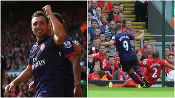 Santi Cazorla celebrates after scoring the second goal during the match between Liverpool and Arsenal at Anfield on September 2, 2012 in Liverpool, England.